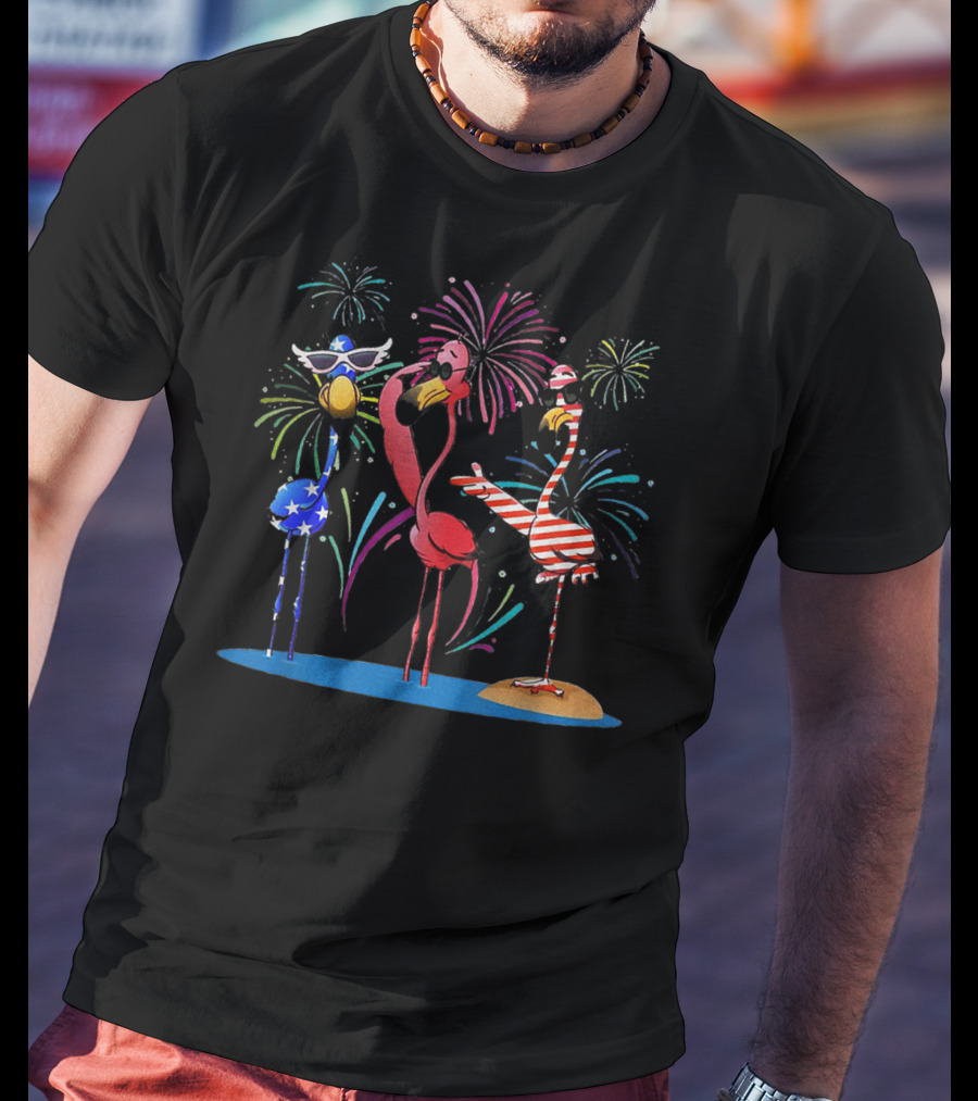 Flamingo American Flag Fireworks Patriotic Celebration With Sunglasses And Stripes T-Shirt