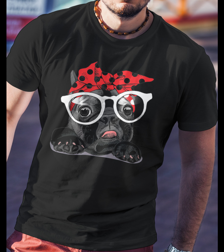 French Bulldog With Red Polka Dot Headband And White Glasses T-Shirt