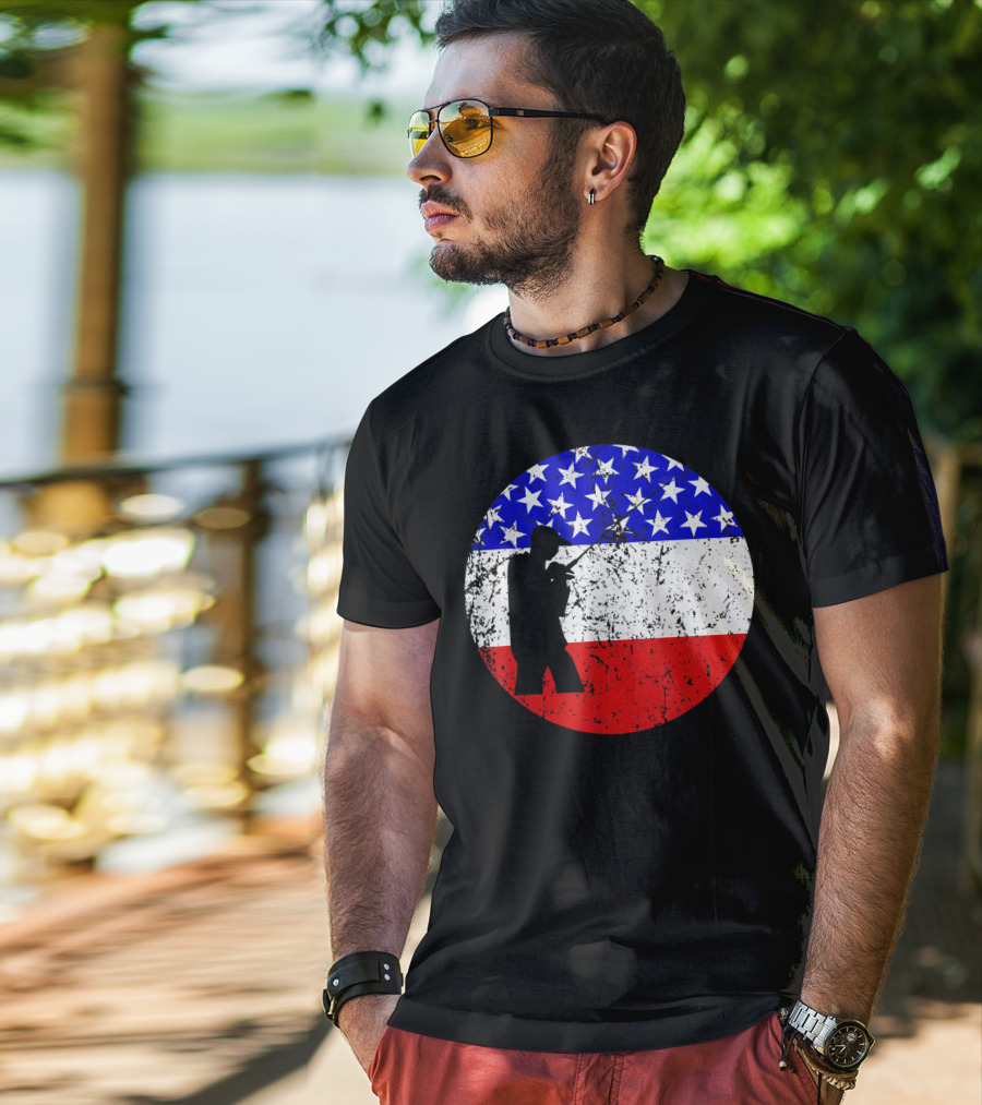 American Flag Vintage Fisherman Silhouette Rustic Retro Fishing T-Shirt