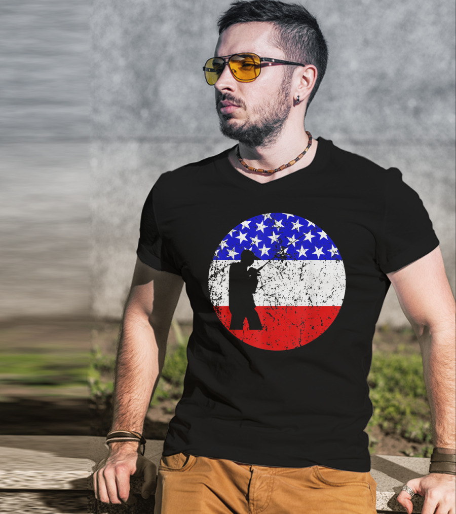 American Flag Vintage Fisherman Silhouette Rustic Retro Fishing T-Shirt