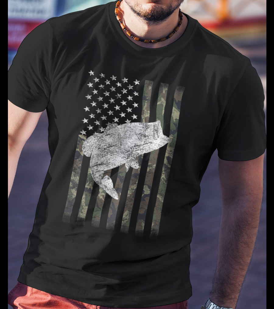 Big Mouth Bass Fishing Camouflage Flag With Stars T-Shirt