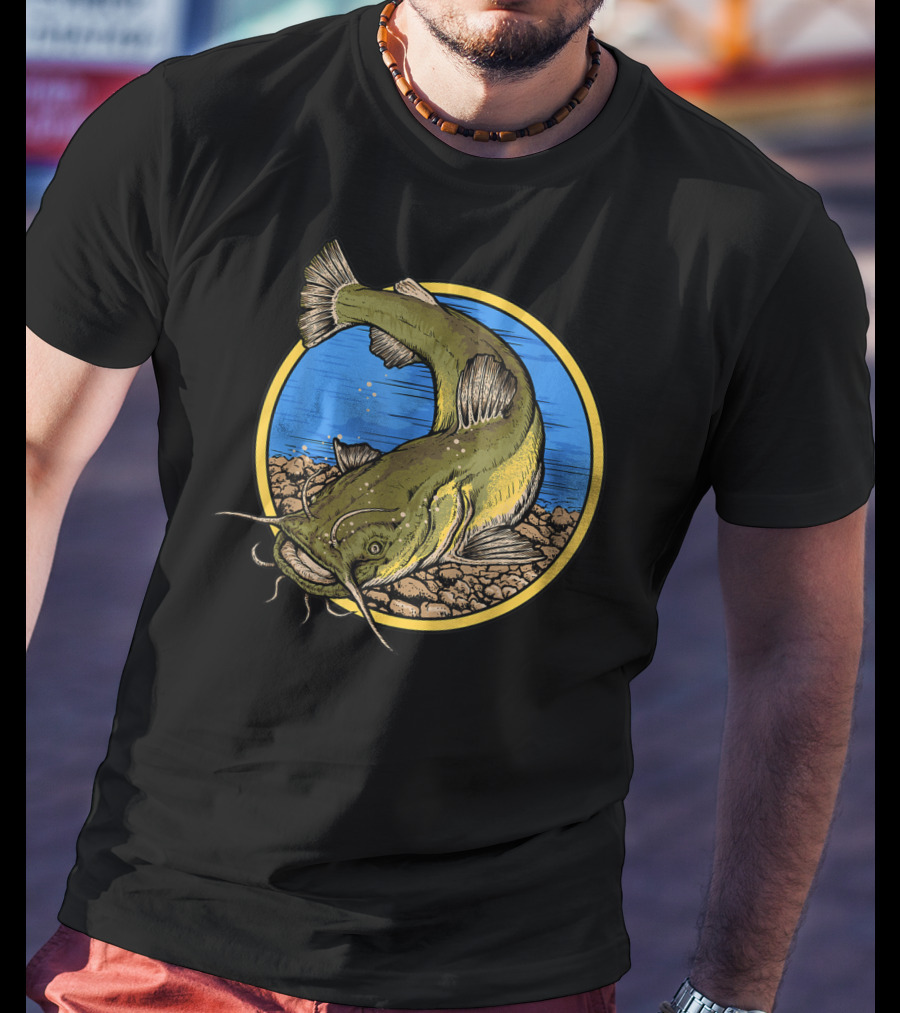 Catfish Fishing Against Colorful Water With Circle Background T-Shirt
