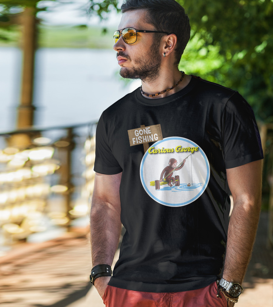 Curious George Gone Fishing Sign And Circle Scene T-Shirt