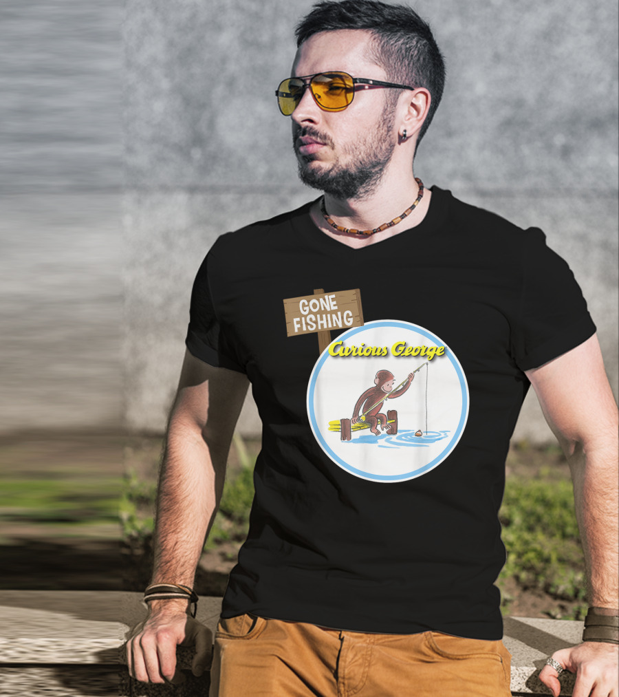 Curious George Gone Fishing Sign And Circle Scene T-Shirt