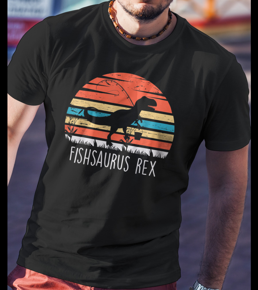 Fathers Day Fishsaurus Rex Dinosaur Fishing Vintage Sunset T-Shirt