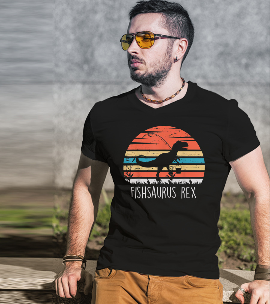 Fathers Day Fishsaurus Rex Dinosaur Fishing Vintage Sunset T-Shirt