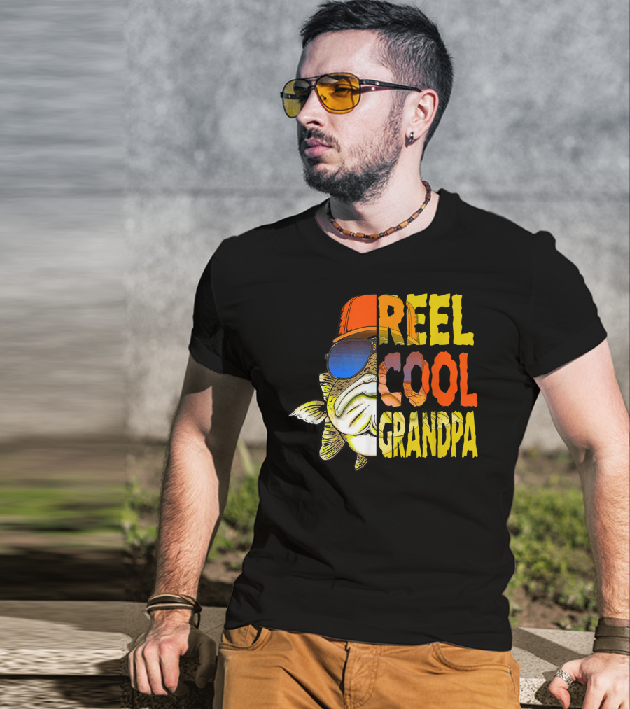 Reel Cool Grandpa Fishing Grandpa Fish Wearing Sunglasses And Hat T-Shirt