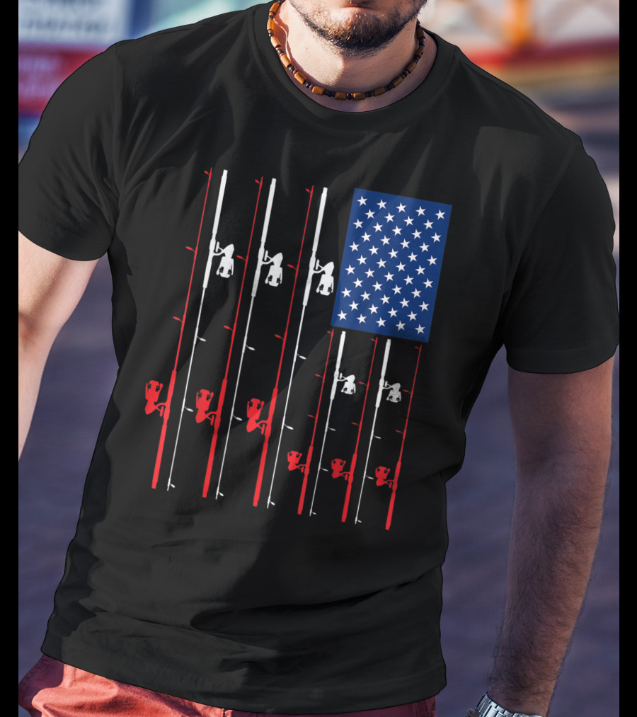 Fishing Rod US Flag Cute Fish Hunting American Patriotic Iconic T-Shirt