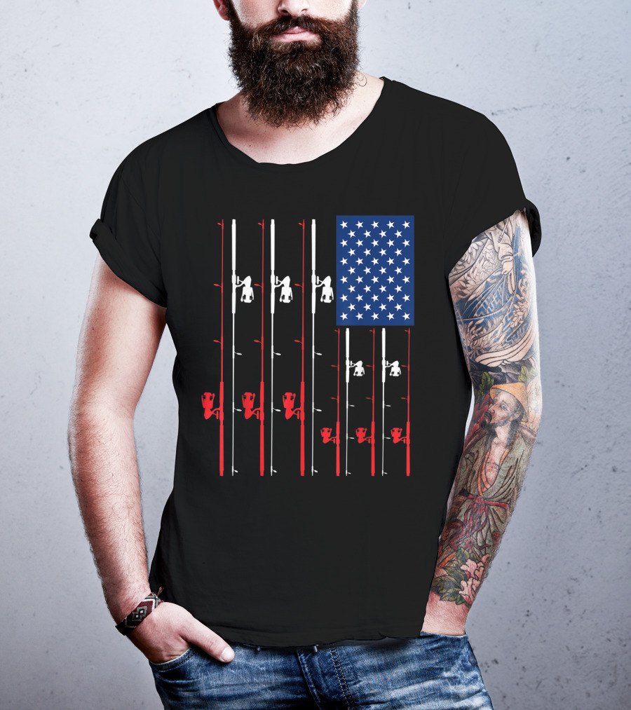 Fishing Rod US Flag Cute Fish Hunting American Patriotic Iconic T-Shirt