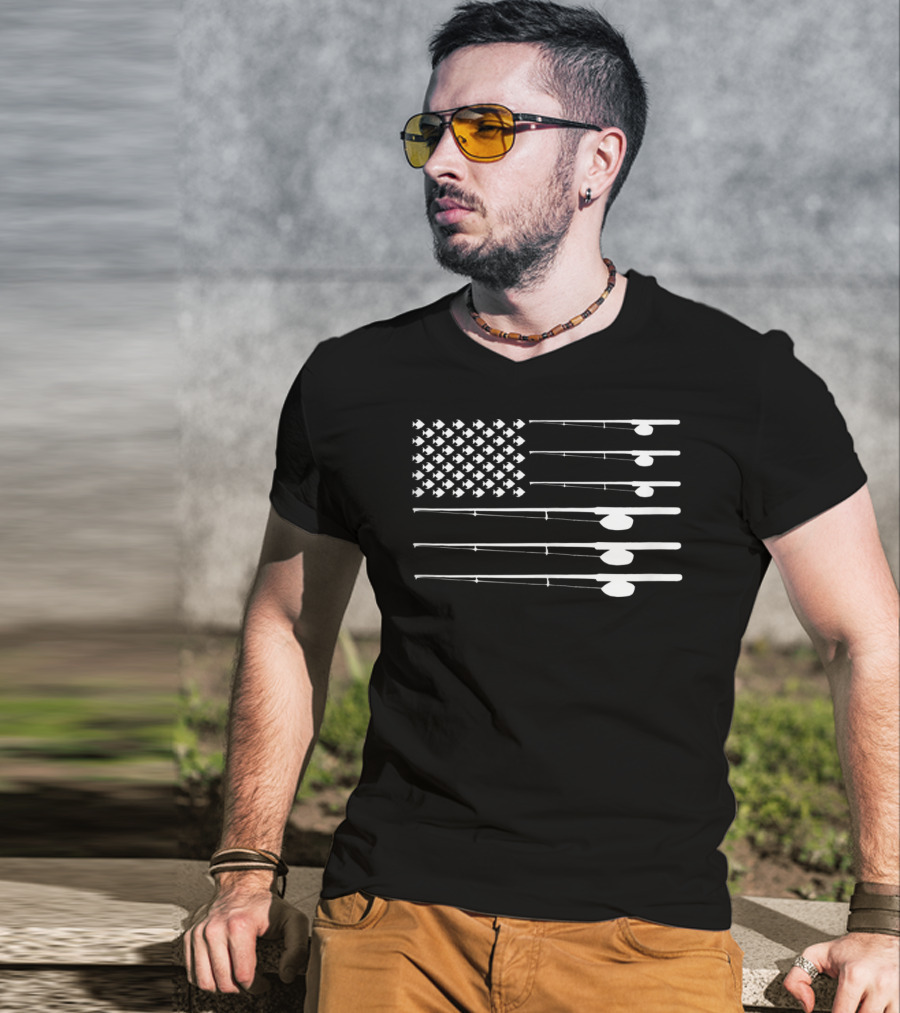 FLY ROD FISHING American Flag Fishersman T-Shirt