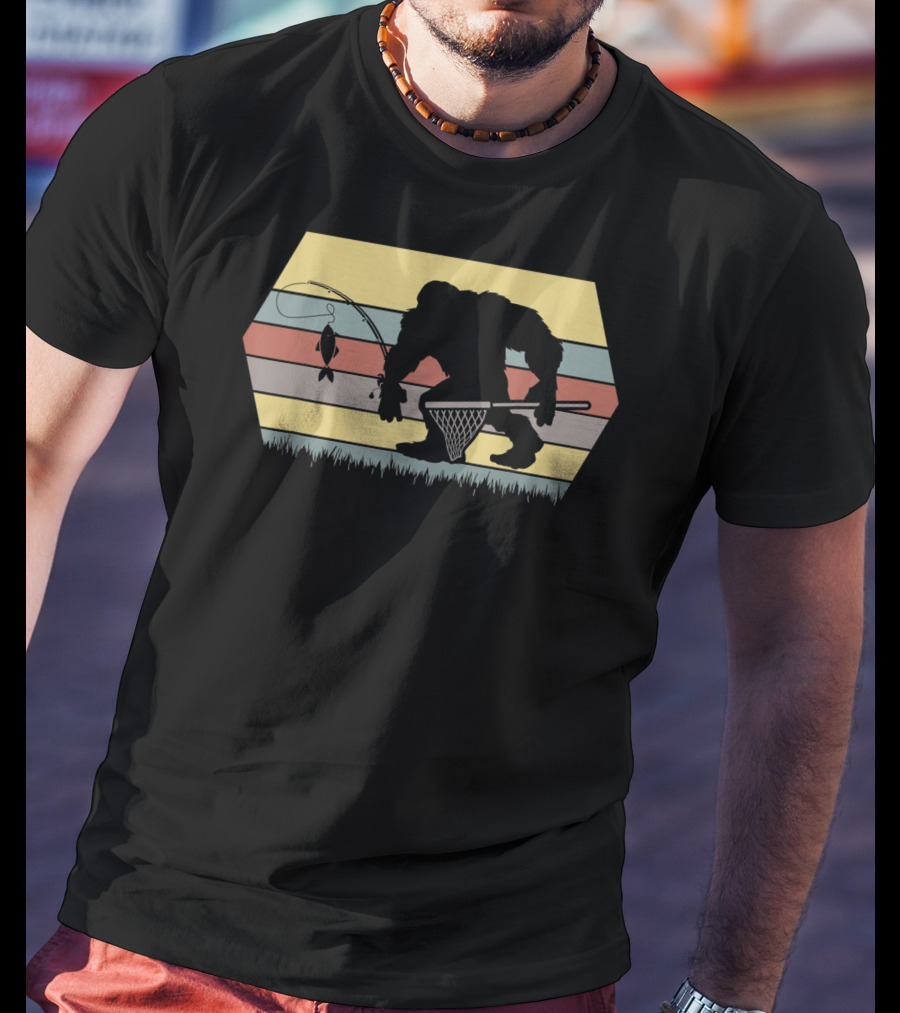 Funny Big Foot Fishing Silhouette Retro Stripes T-Shirt