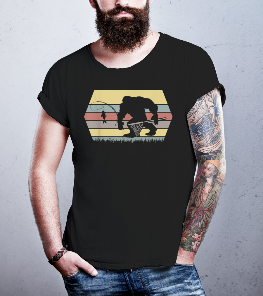 Funny Big Foot Fishing Silhouette Retro Stripes T-Shirt