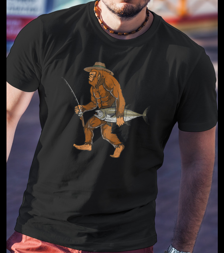 Bigfoot Bass Fisherman Catching Fish With Fishing Rod T-Shirt
