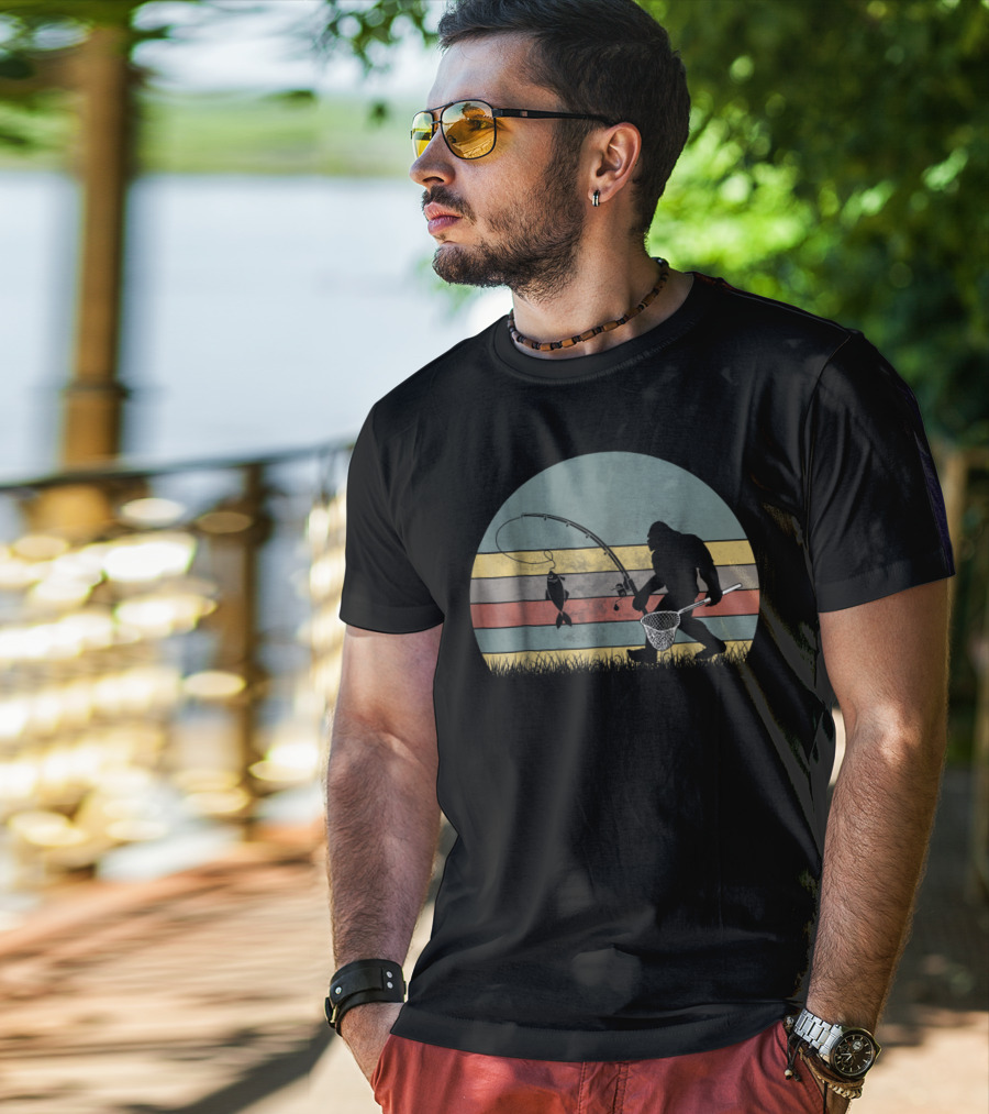 Bigfoot Fishing Retro Stripes T-Shirt