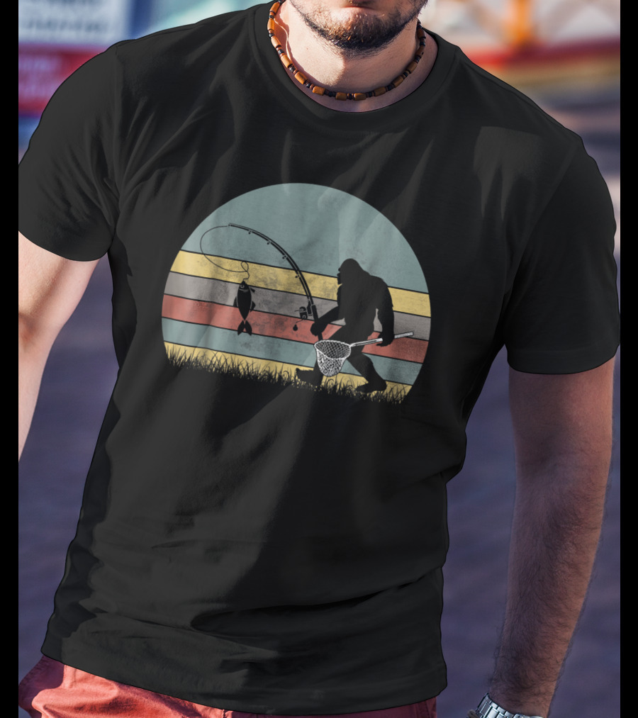 Bigfoot Fishing Retro Stripes T-Shirt