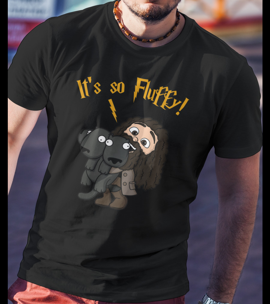 It's So Fluffy Funny Harry Magical Wizard Potter Hagrid Holding Fluffy Three-Headed Dog T-Shirt