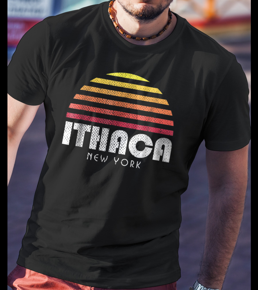 Ithaca New York Retro Striped Sunset T-Shirt