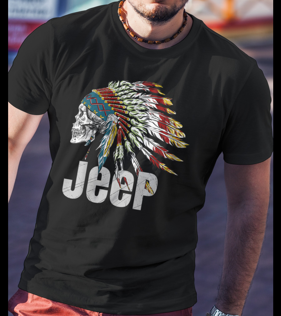 Jeep Skull Wearing Native American Headdress T-Shirt