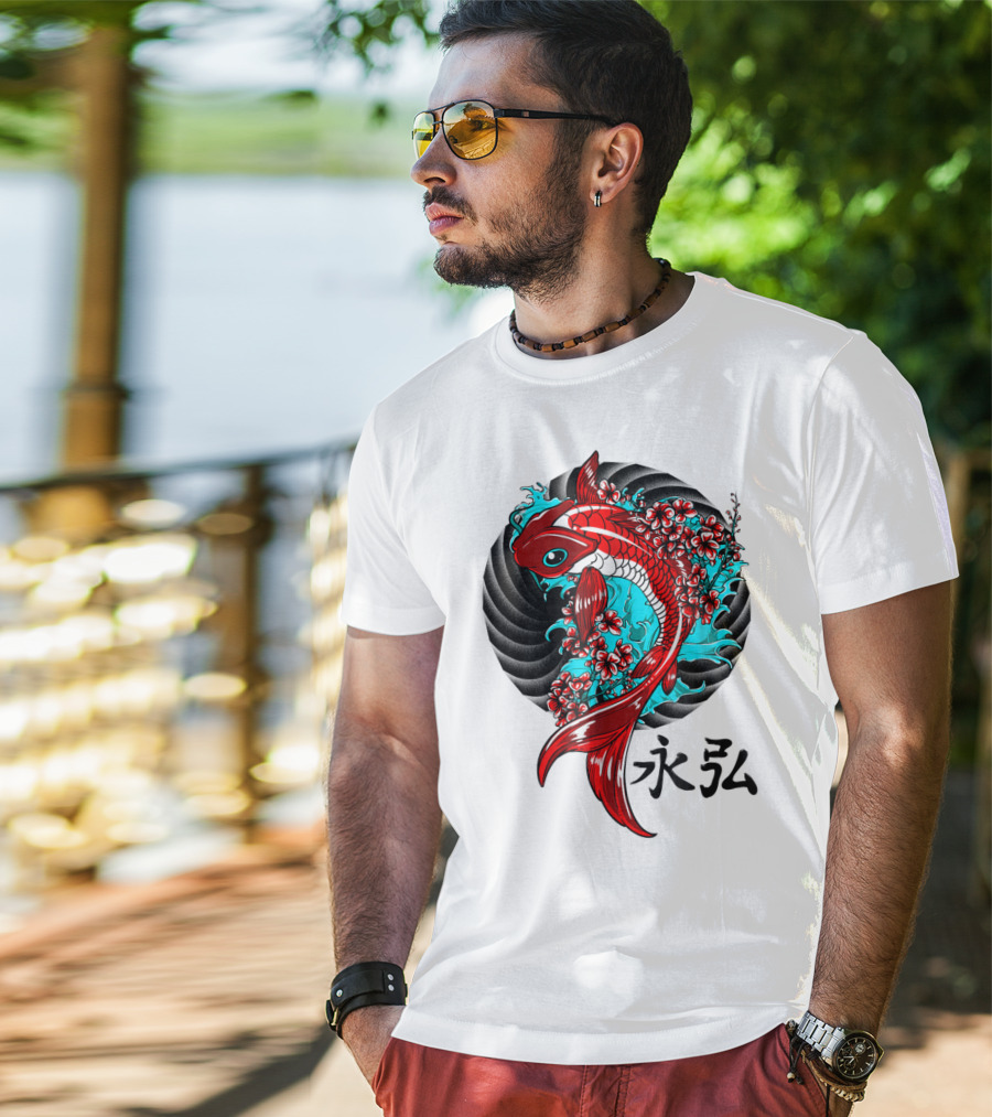 Koi Fish Floral With Japanese Characters T-Shirt
