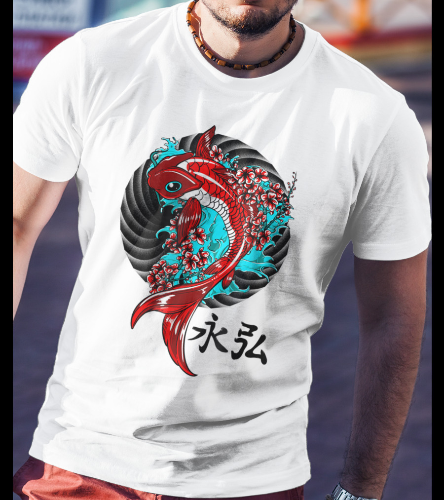 Koi Fish Floral With Japanese Characters T-Shirt