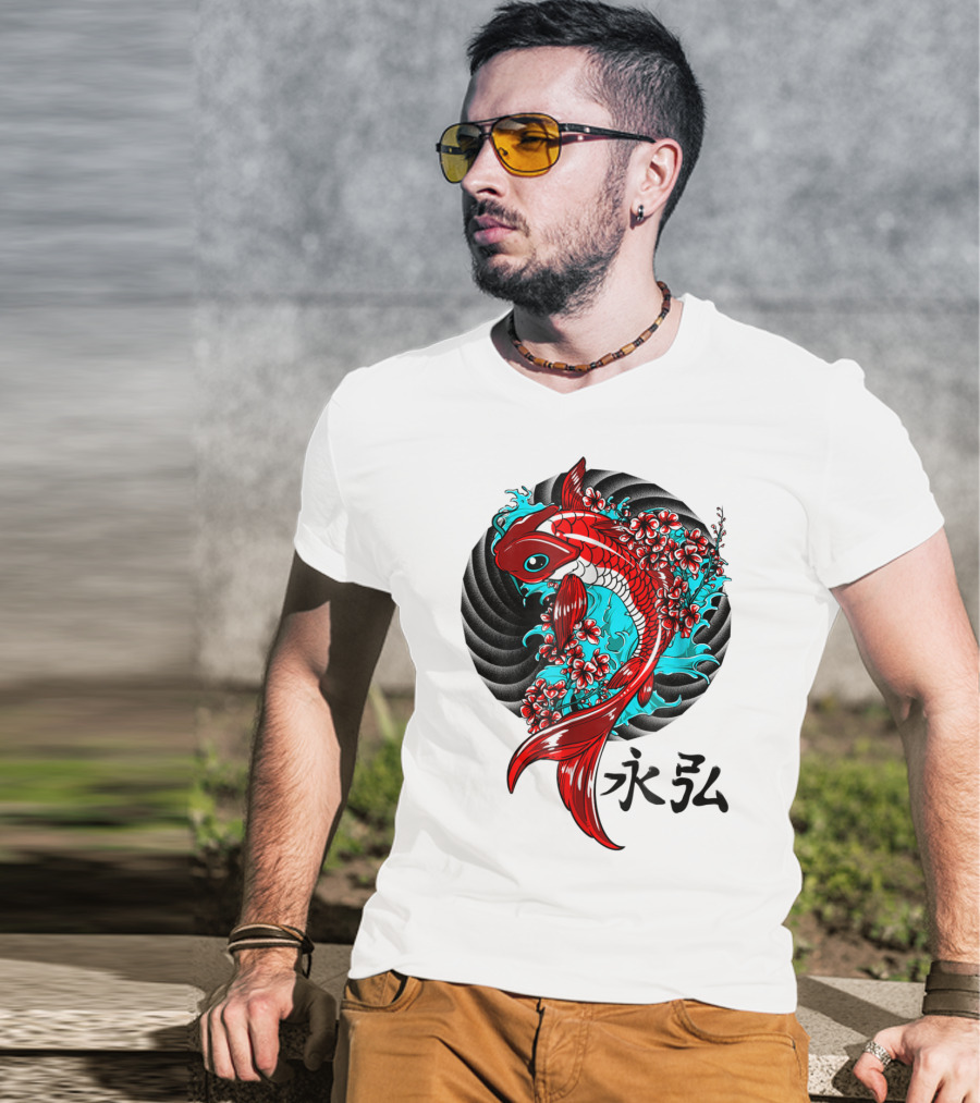 Koi Fish Floral With Japanese Characters T-Shirt