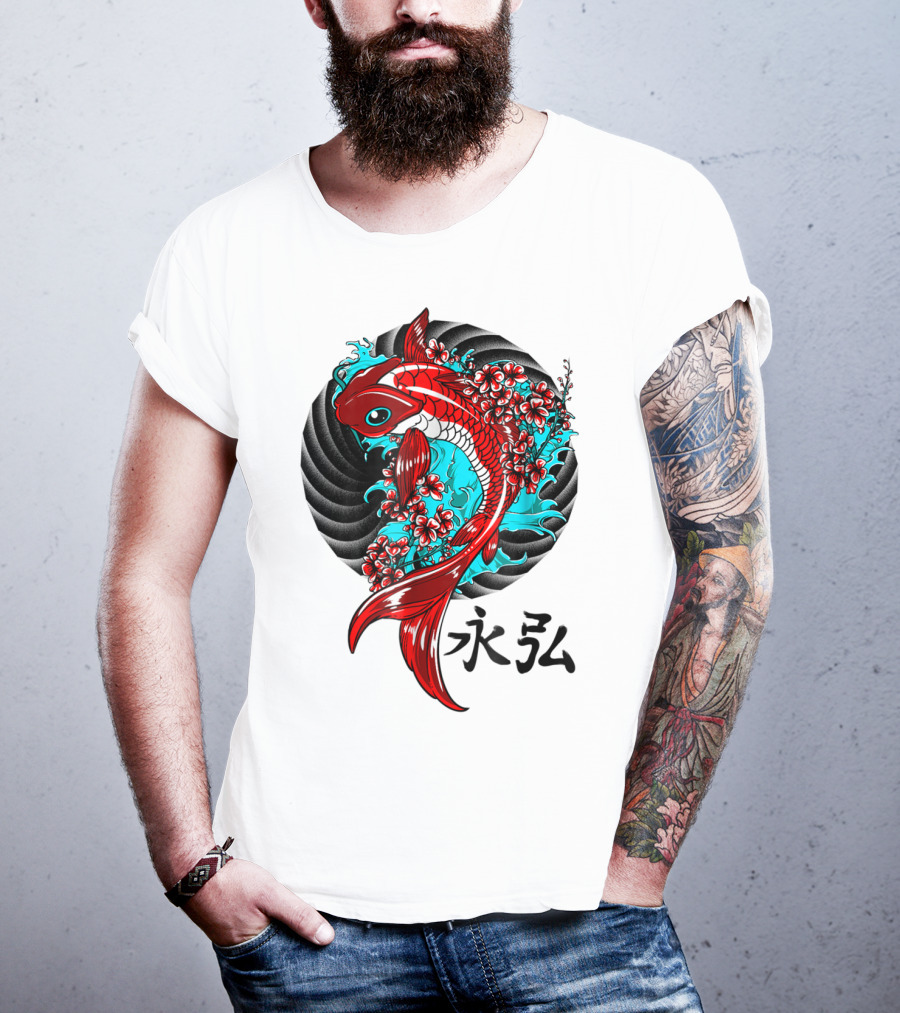 Koi Fish Floral With Japanese Characters T-Shirt