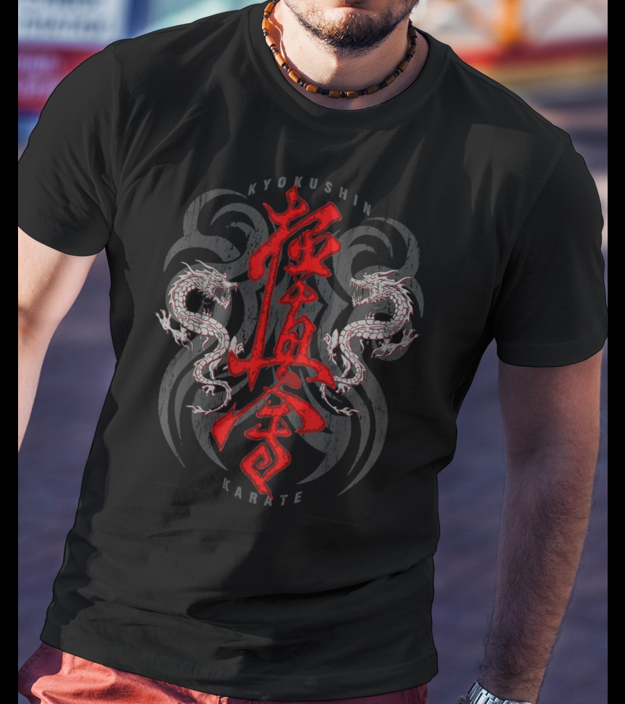 Kyokushin Karate Dragons And Kanji With Dual White Eastern Dragons T-Shirt