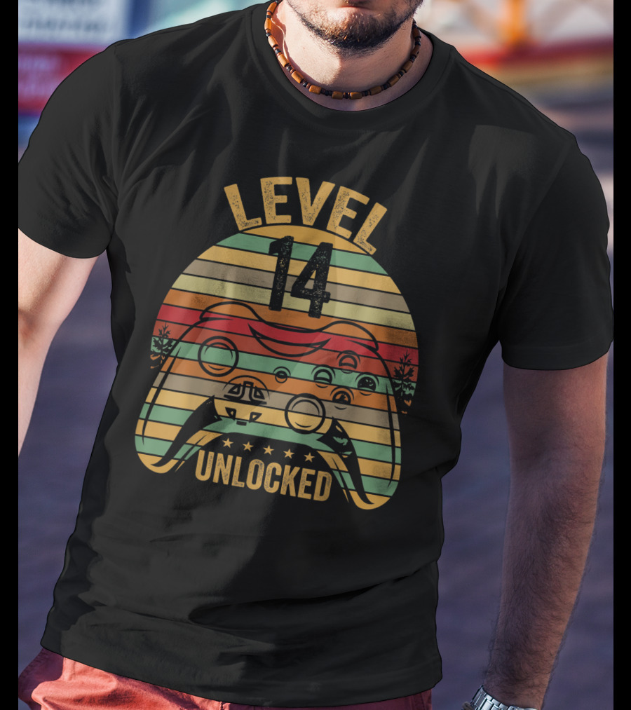 Level 14 Unlocked Gaming Themed Birthday 14 Year Old Boy Retro Controller T-Shirt