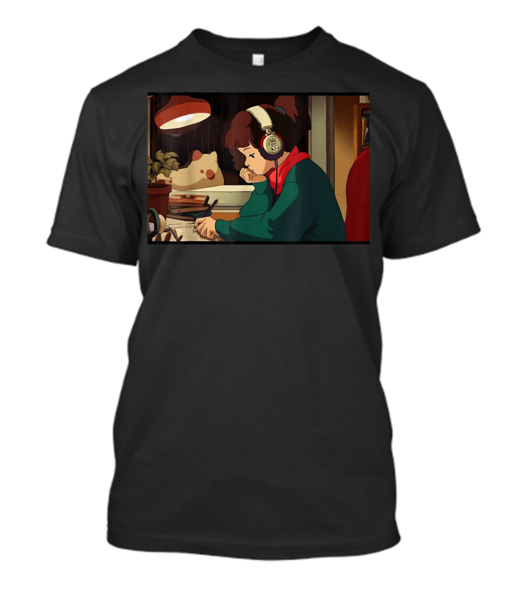 Lofi Hip Hop Chill Hop Relaxing Jazz Hop Beats Girl With Headphones Studying At Desk T-Shirt