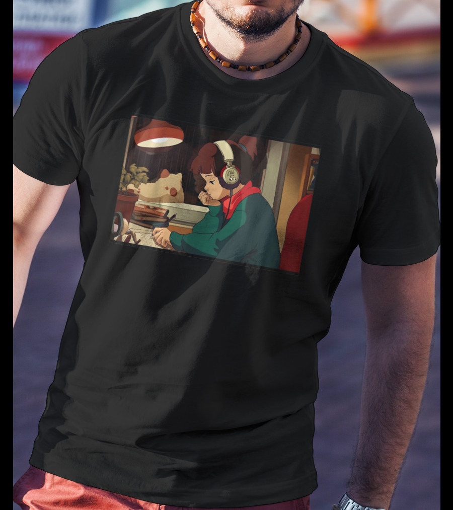 Lofi Hip Hop Chill Hop Relaxing Jazz Hop Beats Girl With Headphones Studying At Desk T-Shirt