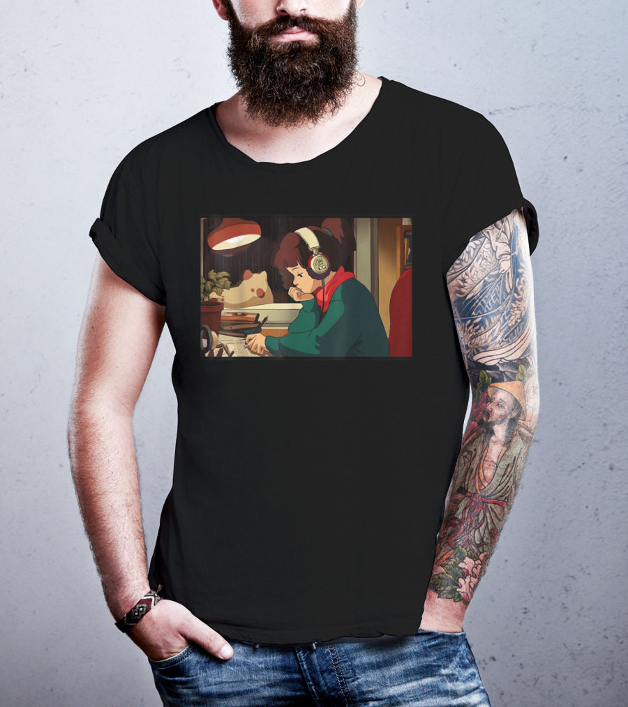 Lofi Hip Hop Chill Hop Relaxing Jazz Hop Beats Girl With Headphones Studying At Desk T-Shirt