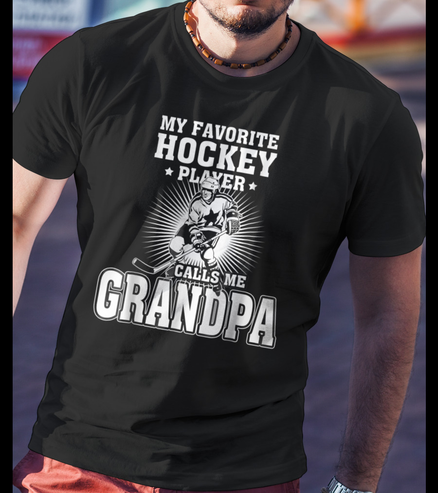 Mens My Favorite Hockey Player Calls Me Grandpa Starburst Ice Skater T-Shirt