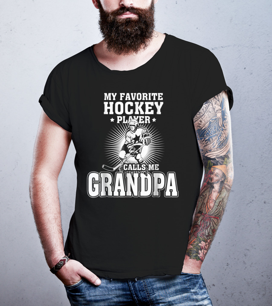 Mens My Favorite Hockey Player Calls Me Grandpa Starburst Ice Skater T-Shirt