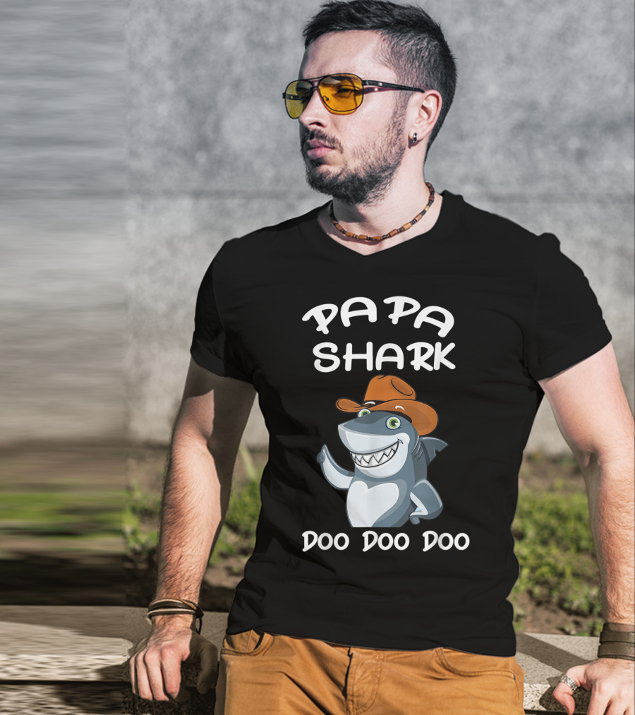 Papa Shark Doo Doo Doo Cartoon Cowboy Hat Father T-Shirt