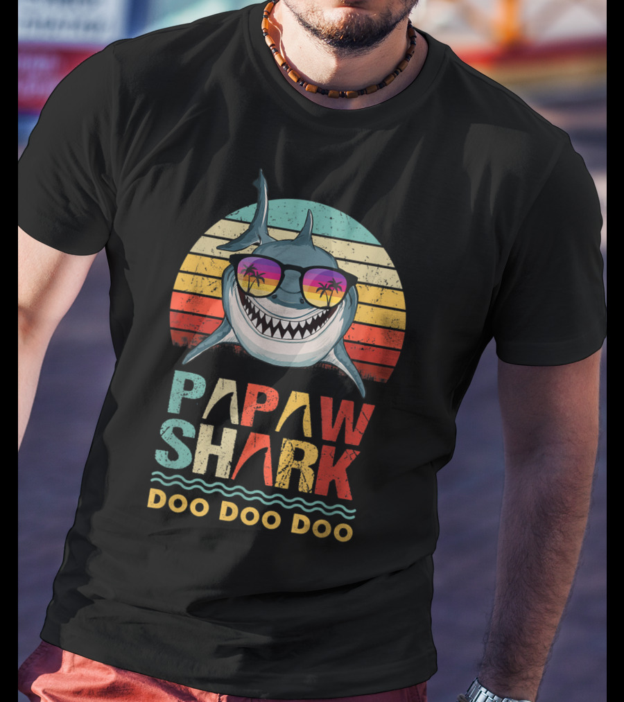 Papaw Shark Doo Doo Doo Funny Fathers Retro Sunglasses Tropical Sunset T-Shirt