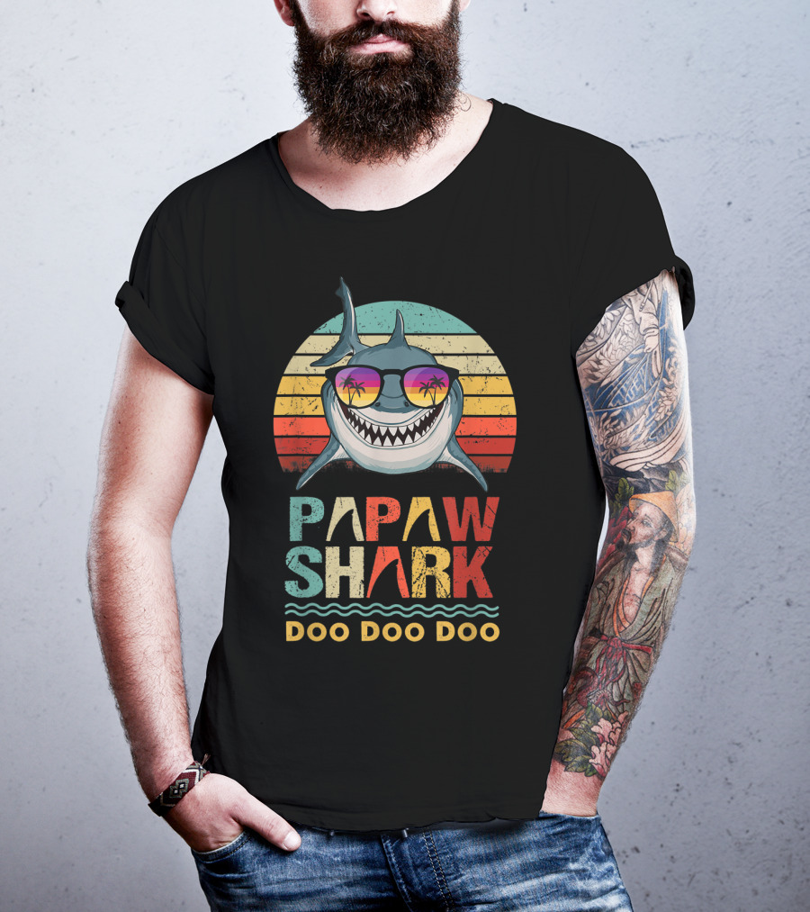 Papaw Shark Doo Doo Doo Funny Fathers Retro Sunglasses Tropical Sunset T-Shirt