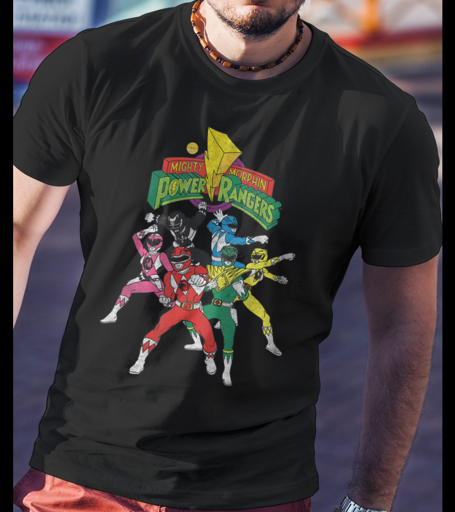 Mighty Morphin Power Rangers Full Team Pose With Original T-Shirt