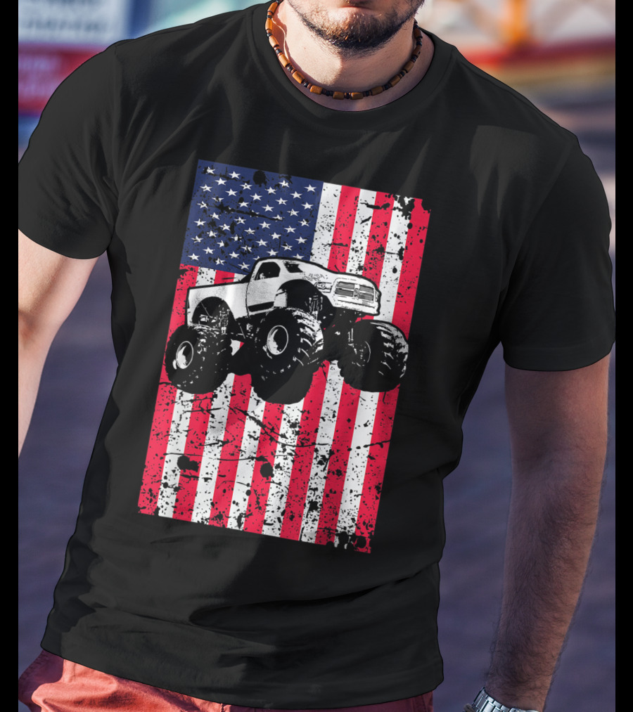 Monster Truck American Flag USA Patriotic Racing T-Shirt