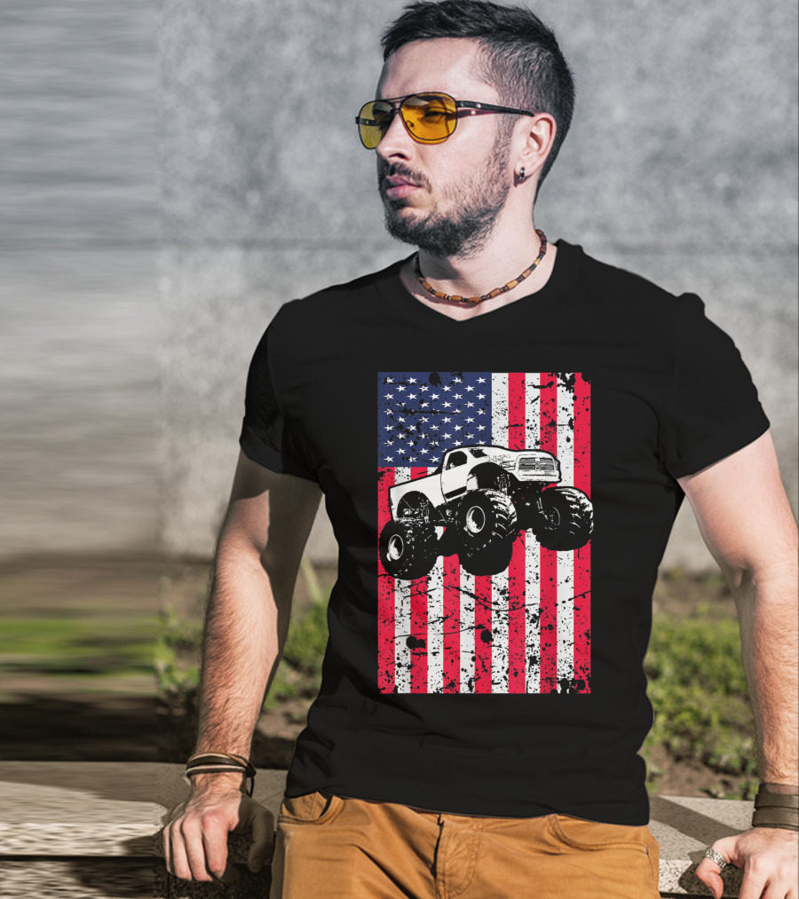Monster Truck American Flag USA Patriotic Racing T-Shirt