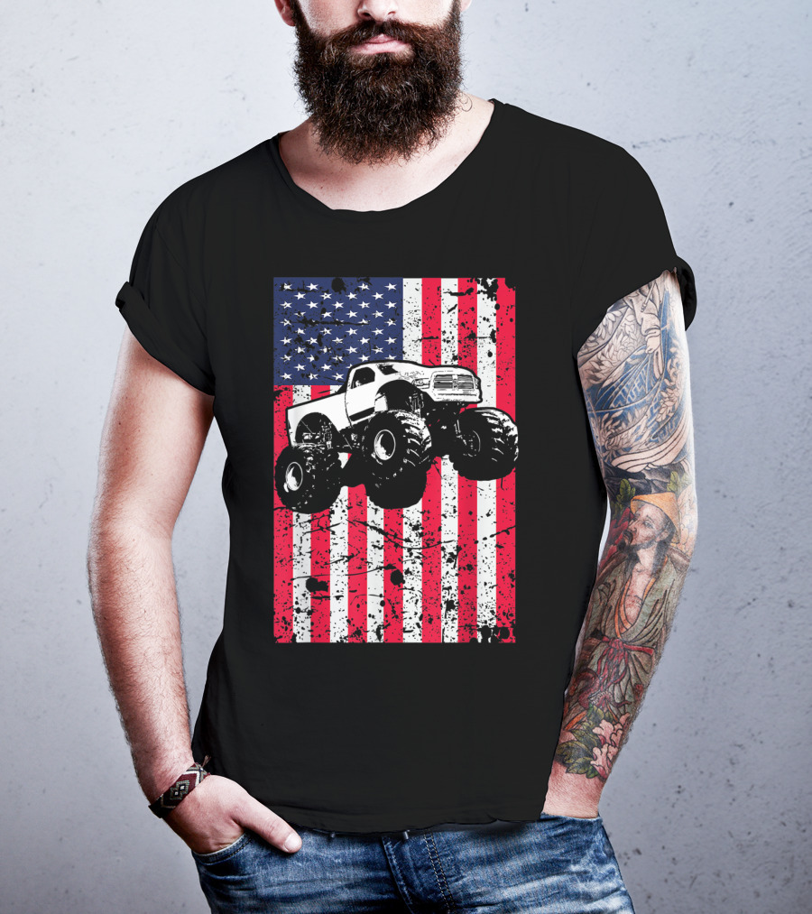 Monster Truck American Flag USA Patriotic Racing T-Shirt