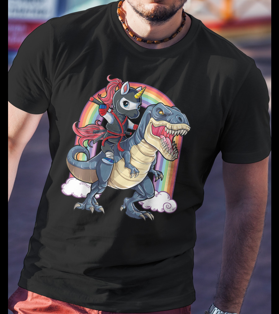 Ninja Unicorn Riding Dinosaur Rex Under Rainbow Clouds T-Shirt