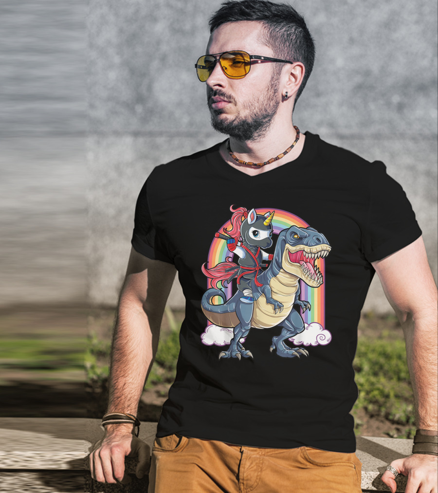 Ninja Unicorn Riding Dinosaur Rex Under Rainbow Clouds T-Shirt