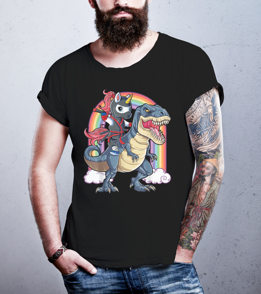 Ninja Unicorn Riding Dinosaur Rex Under Rainbow Clouds T-Shirt