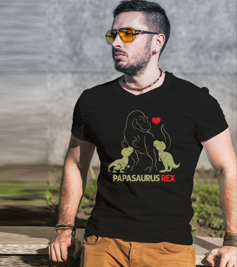 Papasaurus Rex With Heart And Two Baby Dinosaurs T-Shirt