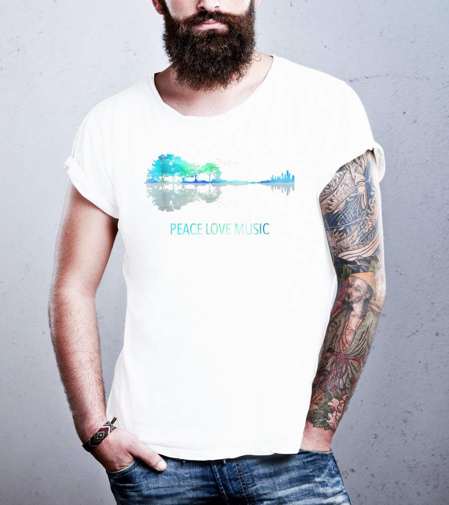 Peace Love Music Guitar Lake Shadow Tree Reflection T-Shirt