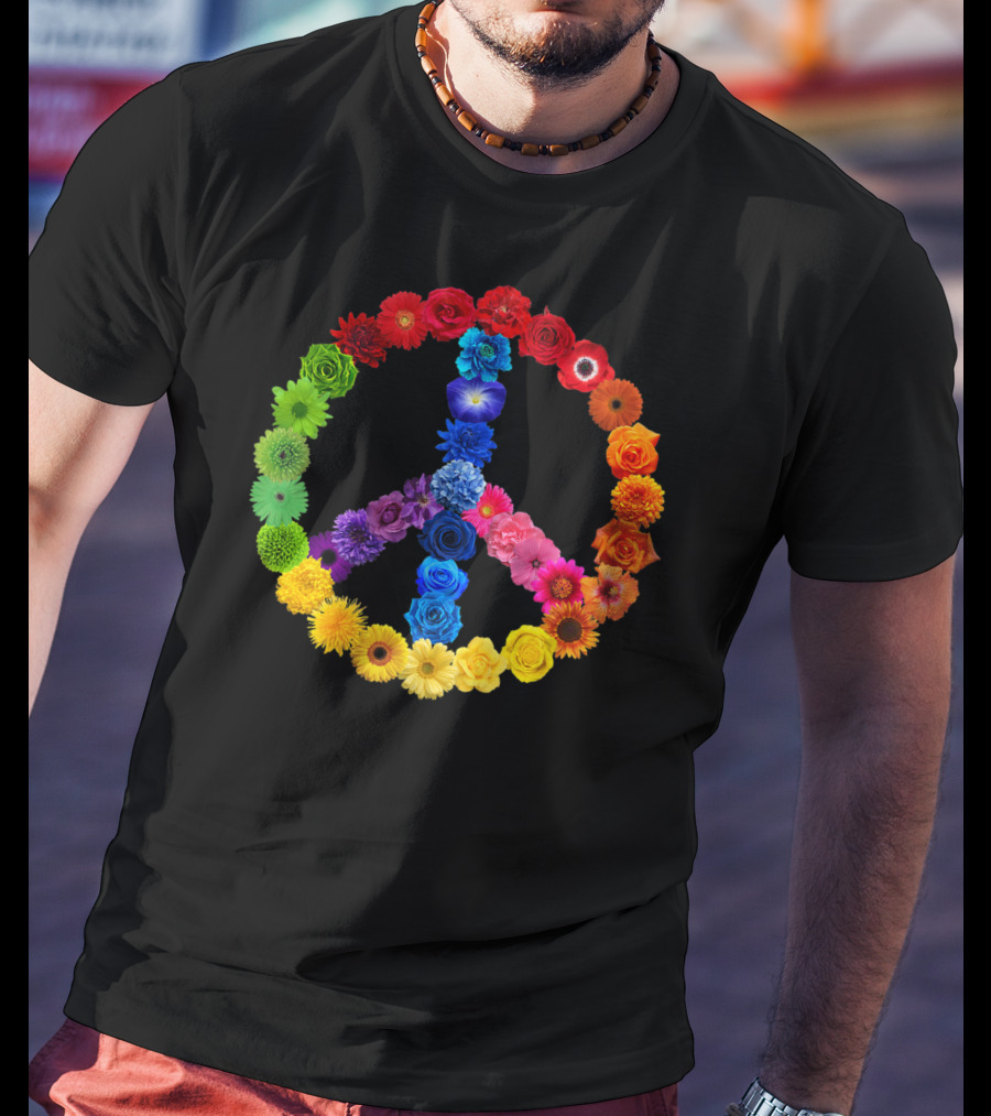 Rainbow Peace Sign Floral Love 70s 60s Retro Vibe T-Shirt