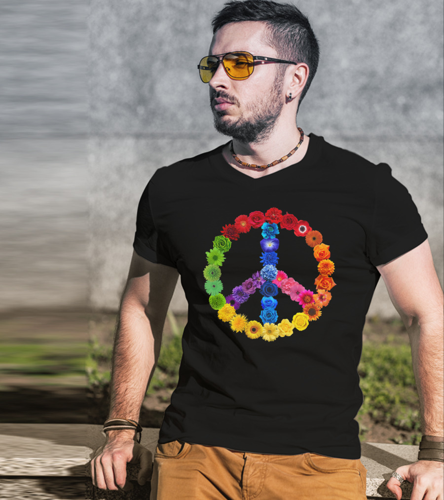 Rainbow Peace Sign Floral Love 70s 60s Retro Vibe T-Shirt