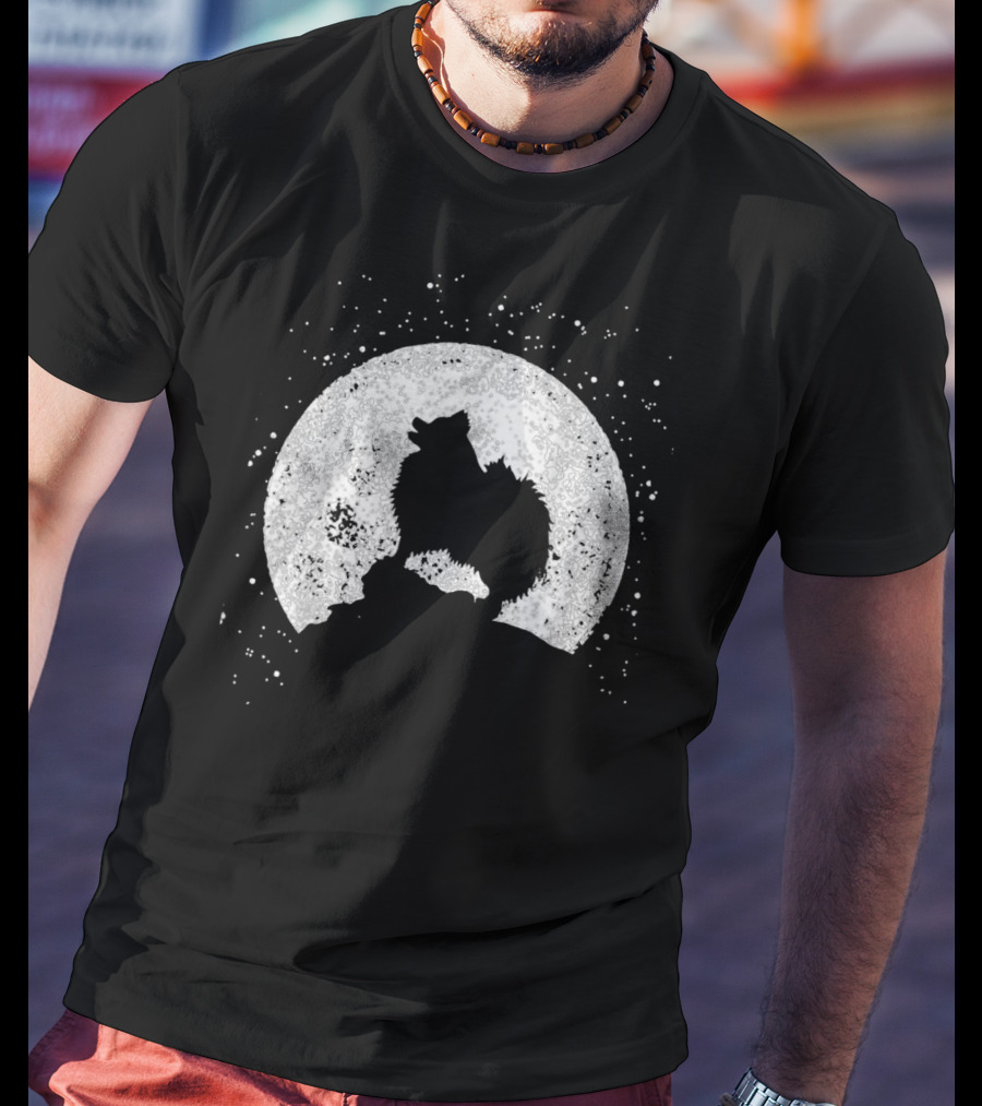 Pomeranian Howling Silhouette Against Full Moon Night Scene T-Shirt
