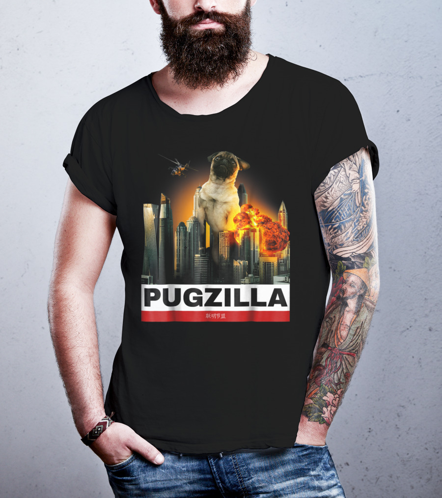 Pugzilla Helicopter Explosion City Skyline Cute Pug T-Shirt
