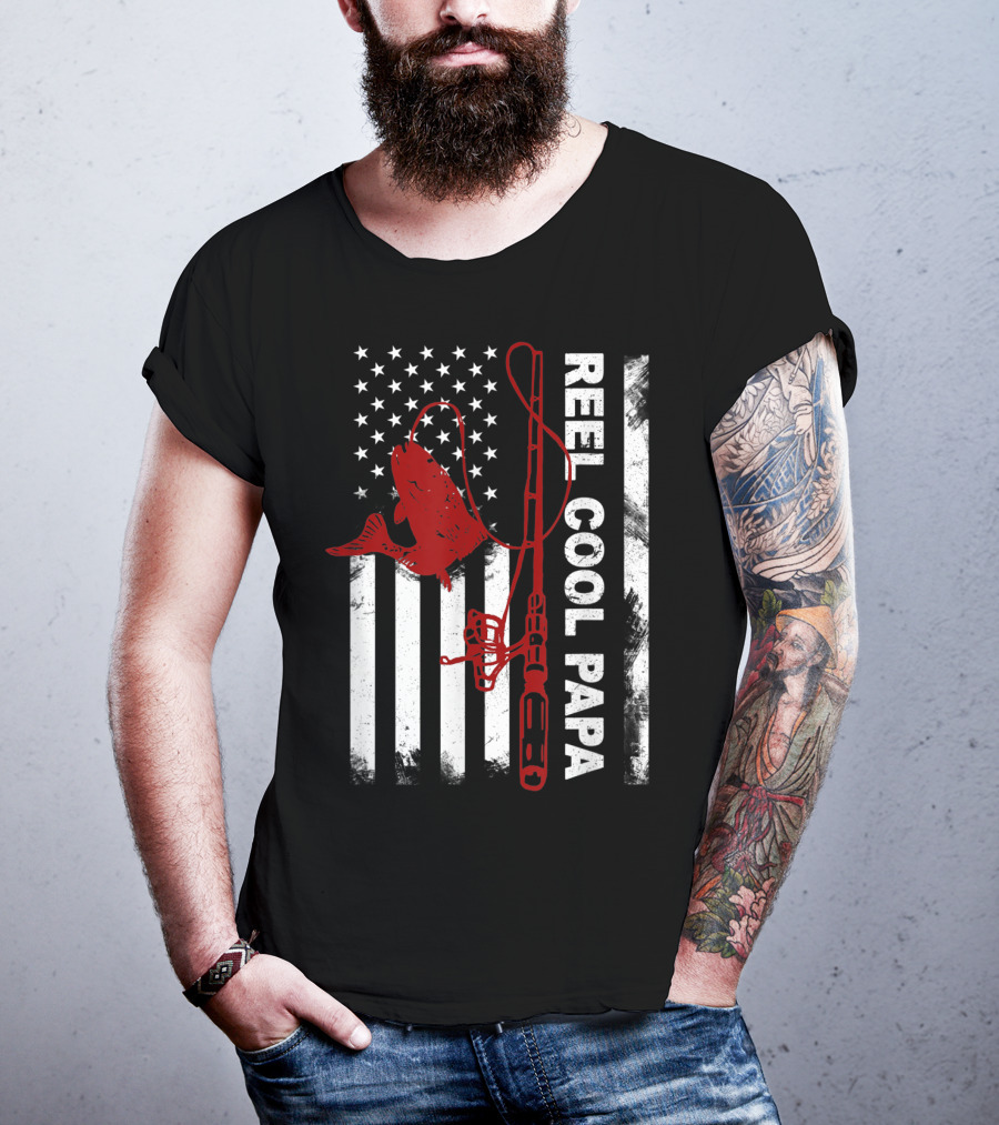 Reel Cool Papa American Flag Fishing Rod And Fish T-Shirt